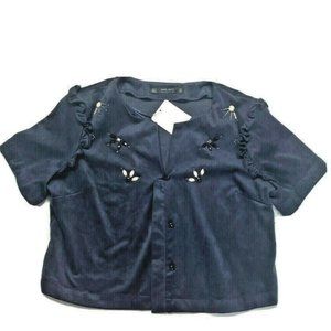 Zara NWT S Navy Blue Velvet Top Blouse Button Up